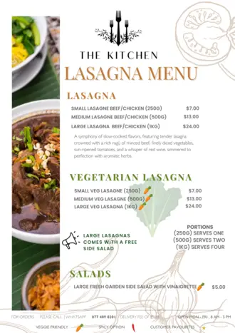 Lasagna Menu